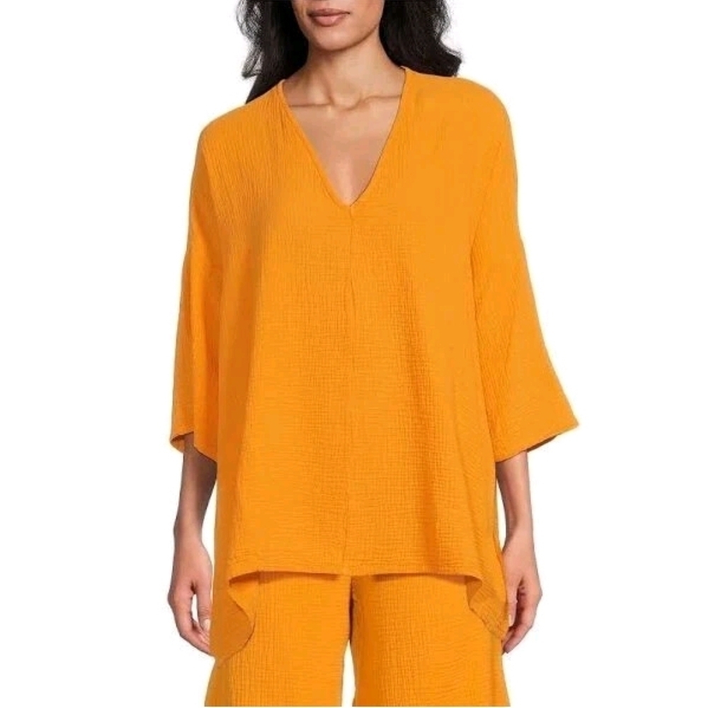 BRYN WALKER Bax V-Neck Gauze Shirt Tunic Top Oversized Ursinia Orange Size M